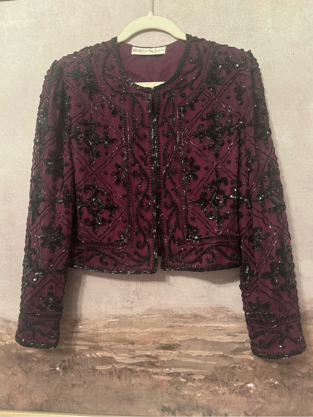 Scala purple silk beaded jacket with intricate black sequin embellishments